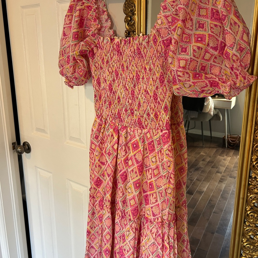 Peixoto Pink and White Smocked Dress